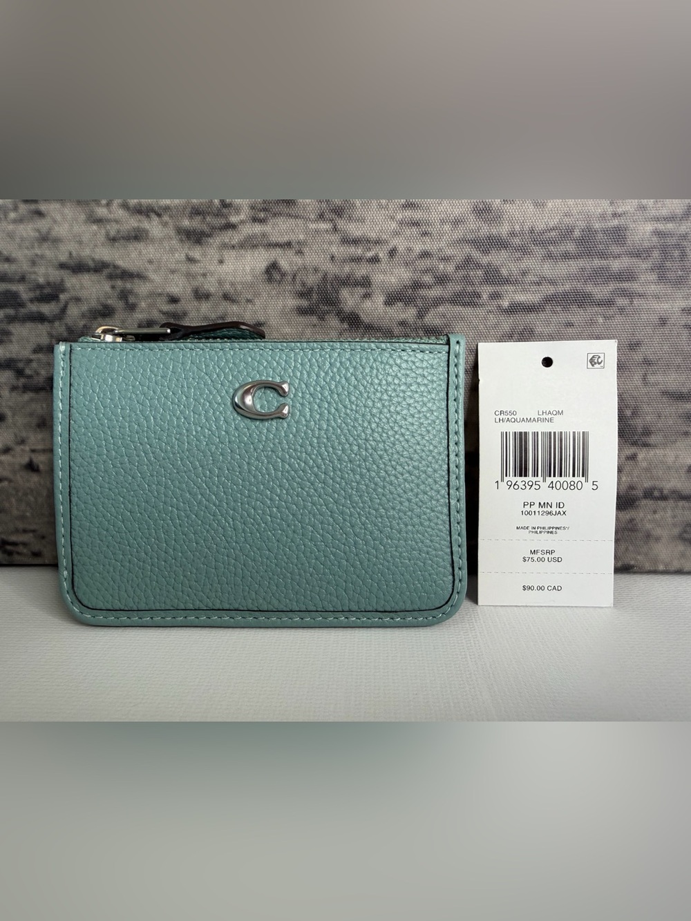 NWT Coach Essential Mini Id Card Case Leather Aquamarine Silver CR550 - Picture 5 of 6